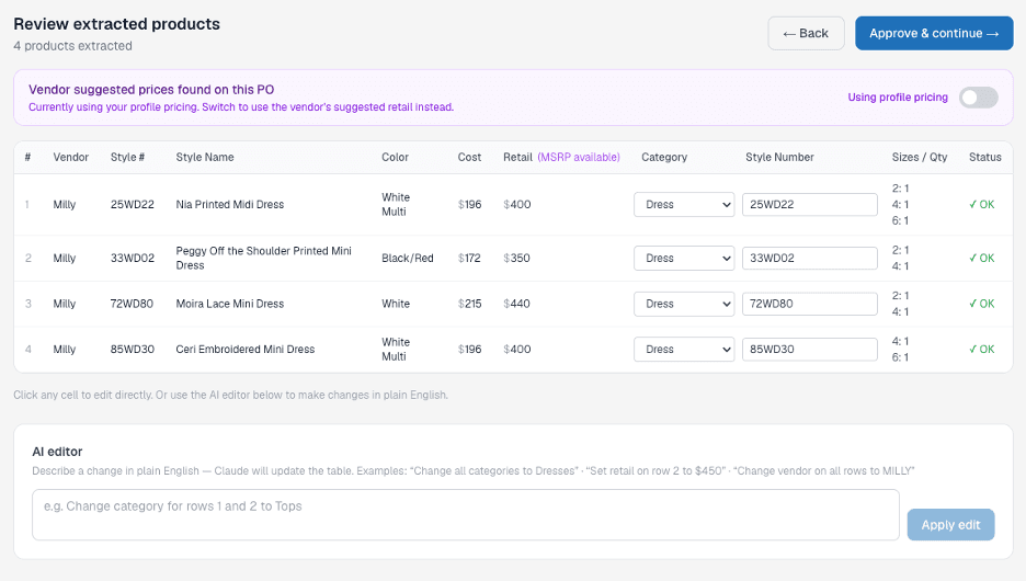 RetailFlow AI extracting products from a vendor purchase order